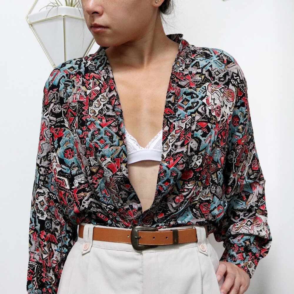 80s Black, Turquoise, Red & Beige Aztec Print Dust Jacket, Button Up Wrap Style